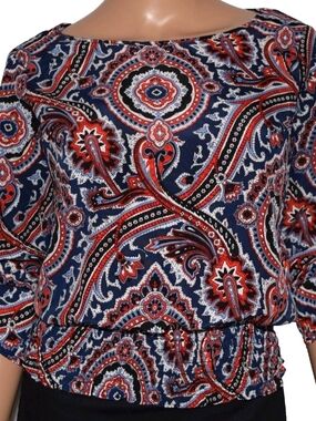MICHAEL Michael Kors Navy Red Paisley Boatneck Blouse Sz M